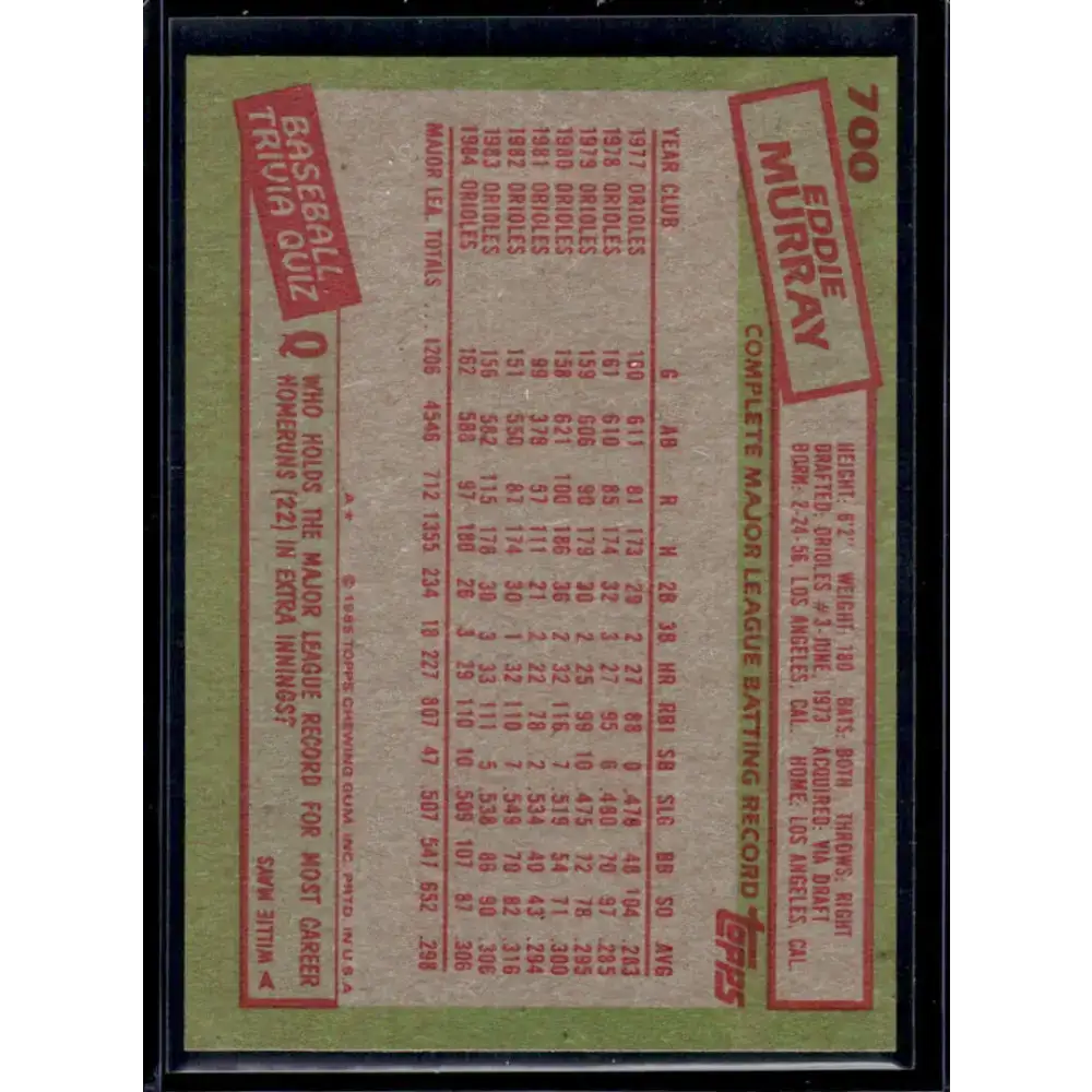 1985 Topps #700 Eddie Murray EX Baltimore Orioles Baseball Card - Baseball Card Single