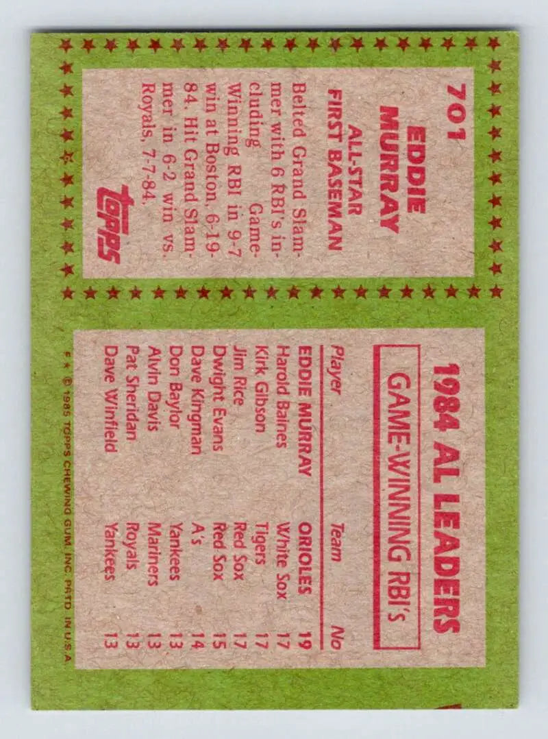 1985 Topps #701 Eddie Murray EX Excellent Baltimore Orioles Baseball Card - Baseball Card Single