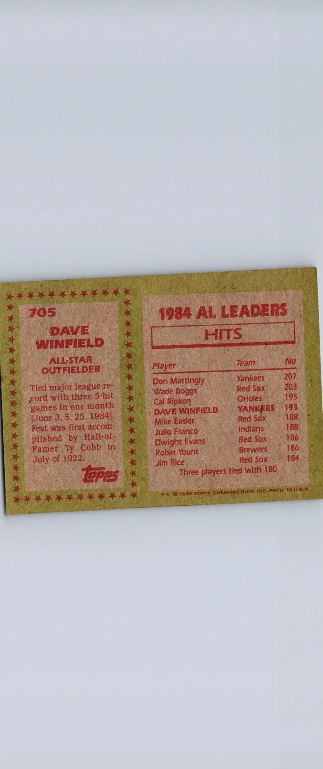 Back of 1985 Topps #705 Dave Winfield baseball card showcasing player stats and info