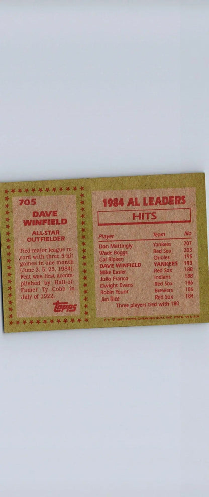 Back of 1985 Topps #705 Dave Winfield baseball card showcasing player stats and info