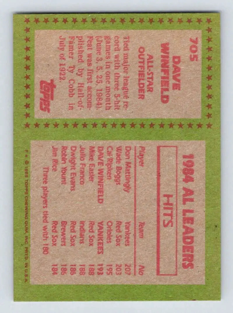 1985 Topps #705 Dave Winfield EX Excellent New York Yankees Baseball Card - Baseball Card Single