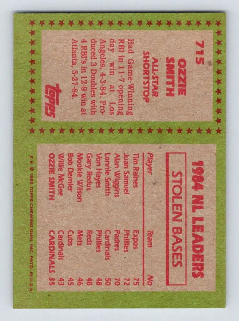 1985 Topps #715 Ozzie Smith EX Excellent St. Louis Cardinals Baseball Card - Baseball Card Single