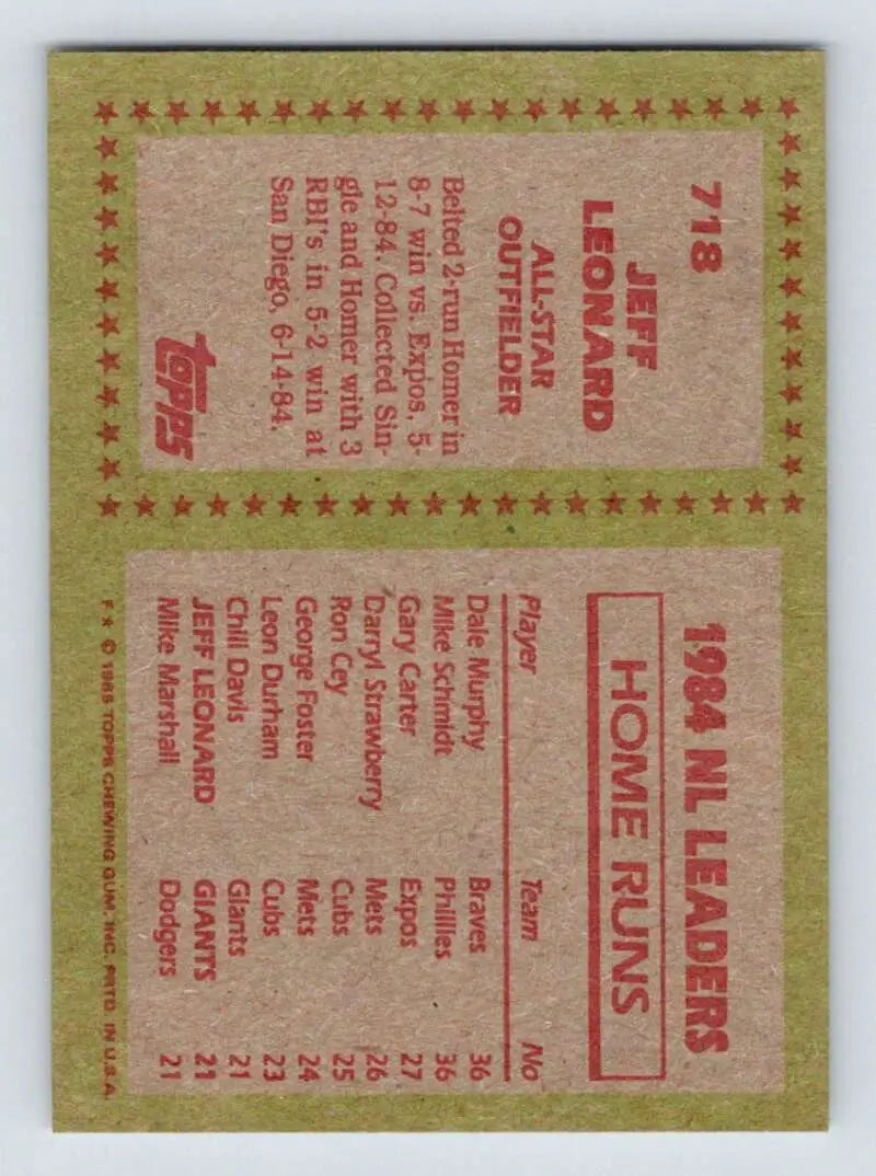 1985 Topps #718 Jeffrey Leonard EX Excellent San Francisco Giants Baseball Card - Baseball Card Single
