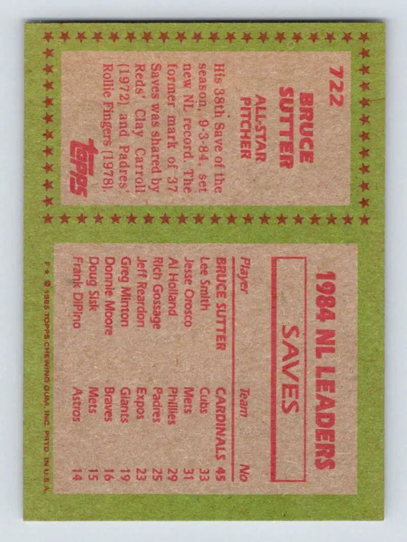1985 Topps #722 Bruce Sutter EX Excellent St. Louis Cardinals Baseball Card - Baseball Card Single