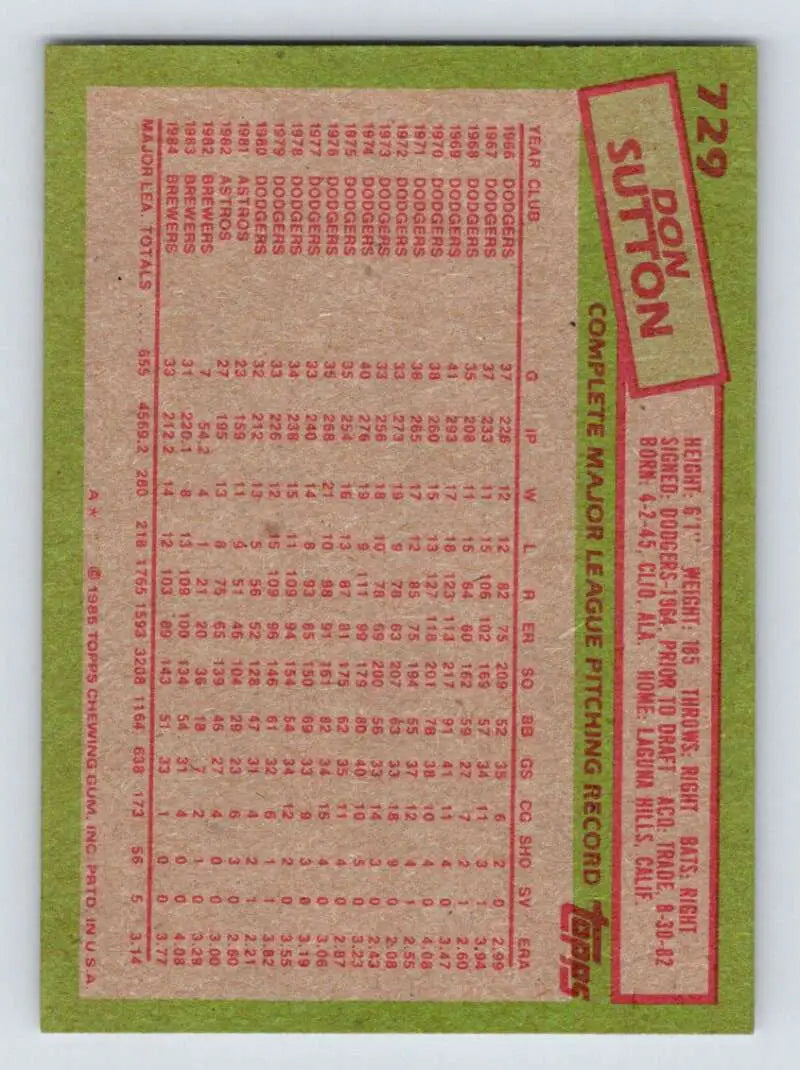 1985 Topps #729 Don Sutton EX Excellent Milwaukee Brewers Baseball Card - Baseball Card Single