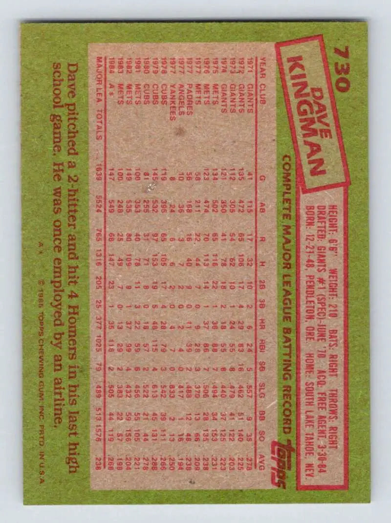1985 Topps #730 Dave Kingman EX Excellent Oakland Athletics Baseball Card - Baseball Card Single