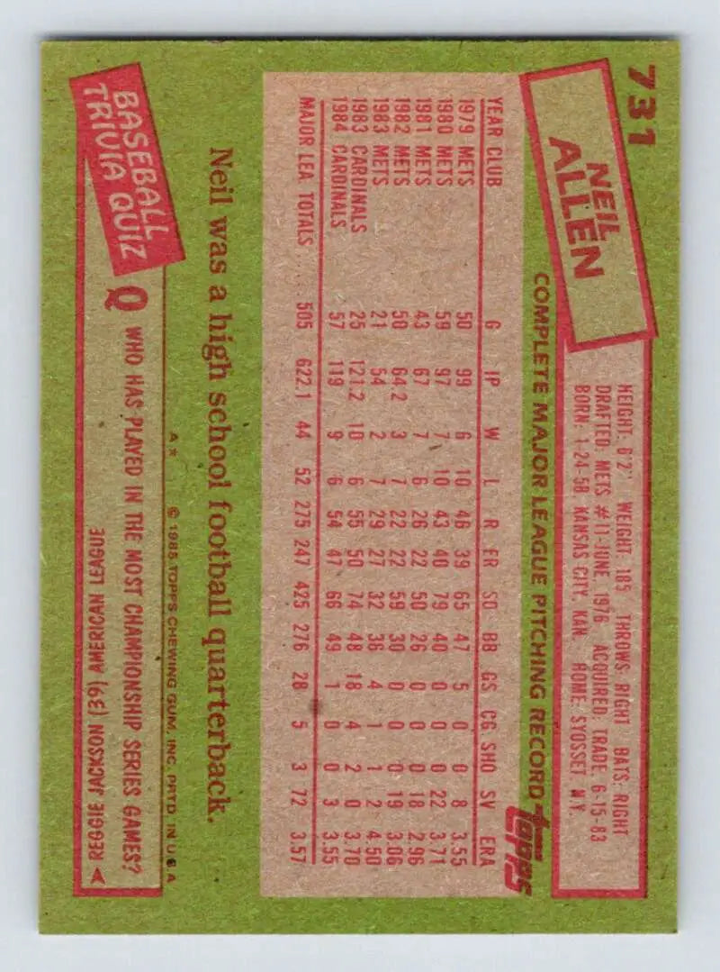 1985 Topps #731 Neil Allen EX Excellent St. Louis Cardinals Baseball Card - Baseball Card Single