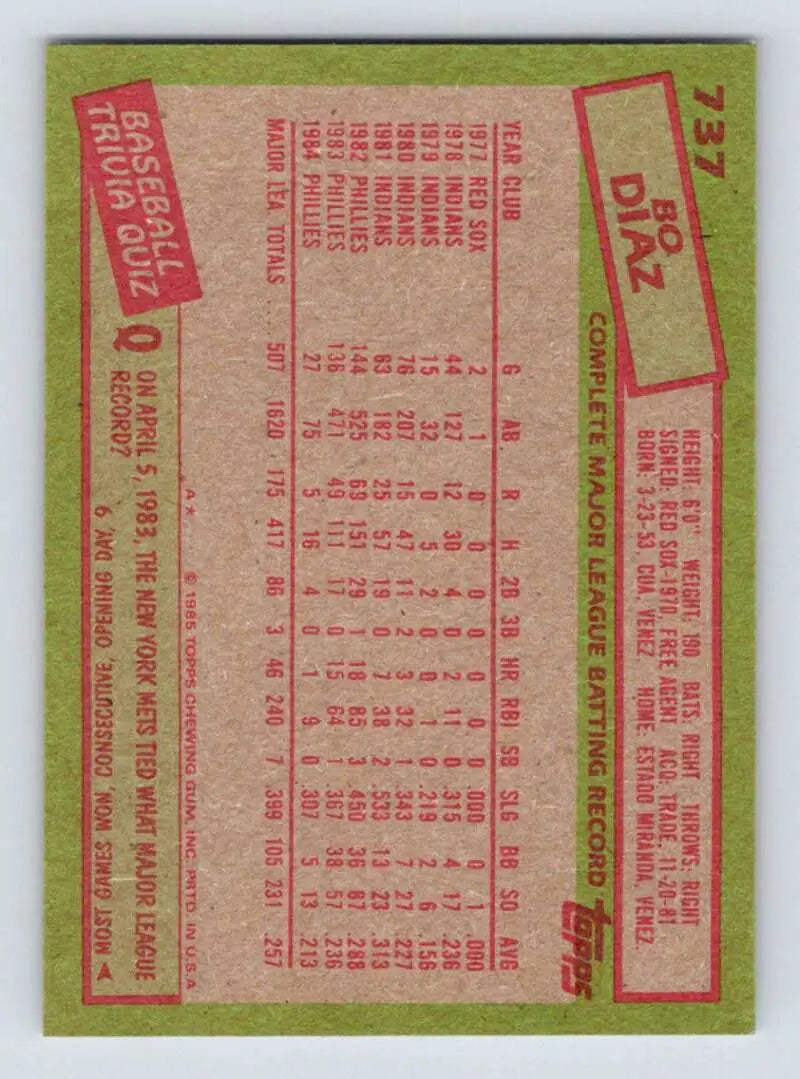1985 Topps #737 Bo Diaz EX Excellent Philadelphia Phillies Baseball Card - Baseball Card Single