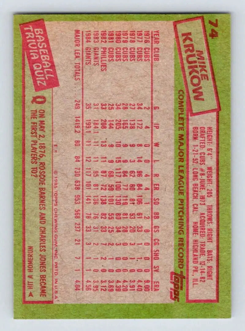 1985 Topps #74 Mike Krukow EX Excellent San Francisco Giants Baseball Card - Baseball Card Single