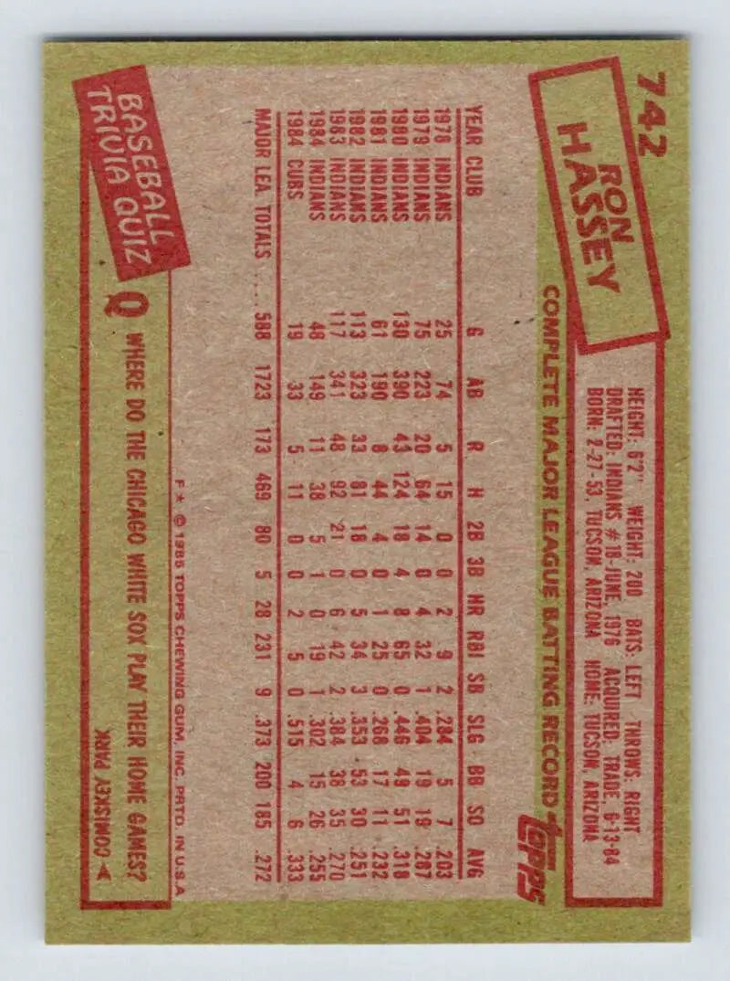 1985 Topps #742 Ron Hassey EX Excellent Chicago Cubs Baseball Card - Baseball Card Single