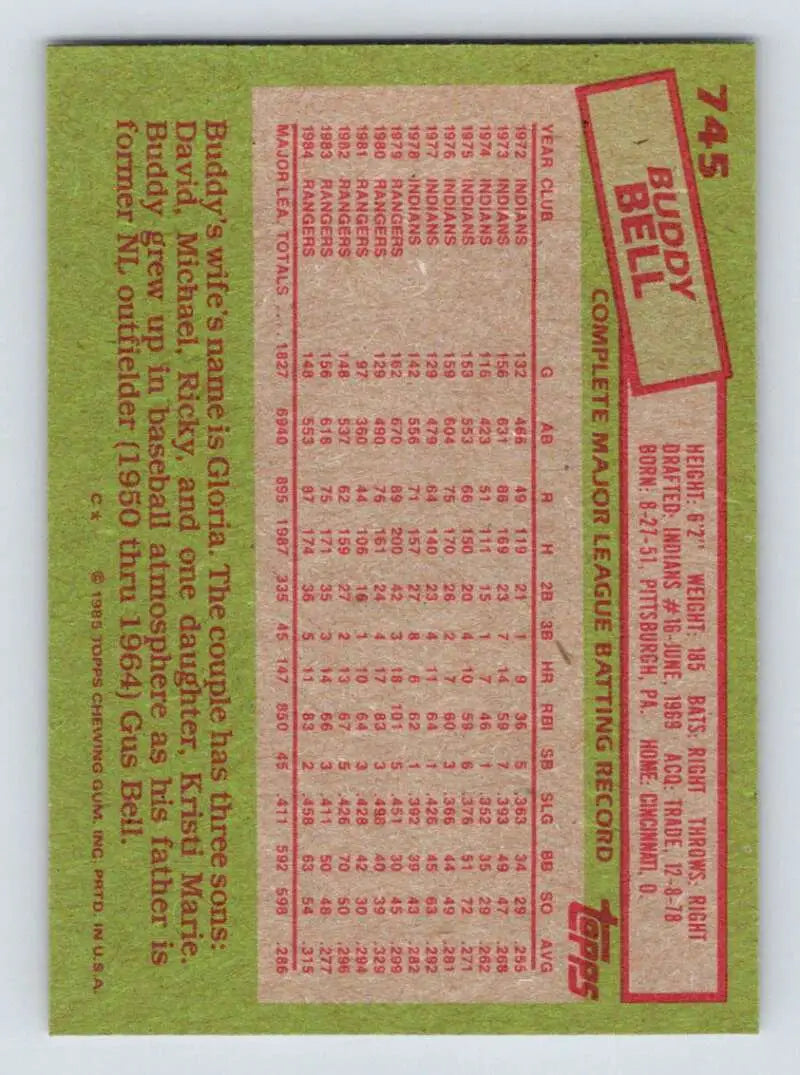 1985 Topps #745 Buddy Bell EX Excellent Texas Rangers Baseball Card - Baseball Card Single