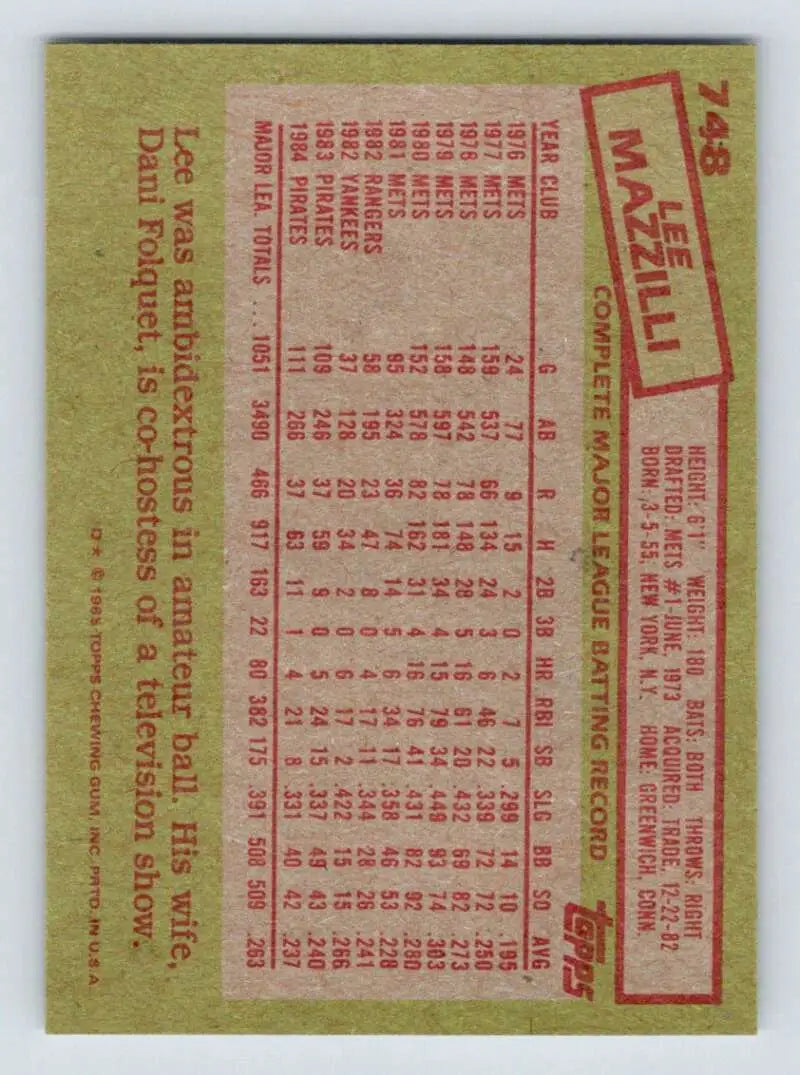 1985 Topps #748 Lee Mazzilli EX Excellent Pittsburgh Pirates Baseball Card - Baseball Card Single