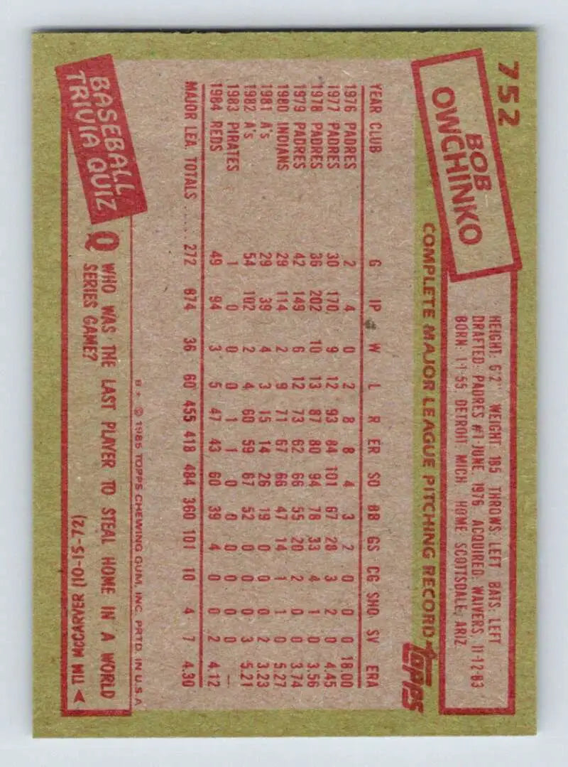 1985 Topps #752 Bob Owchinko EX Excellent Cincinnati Reds Baseball Card - Baseball Card Single