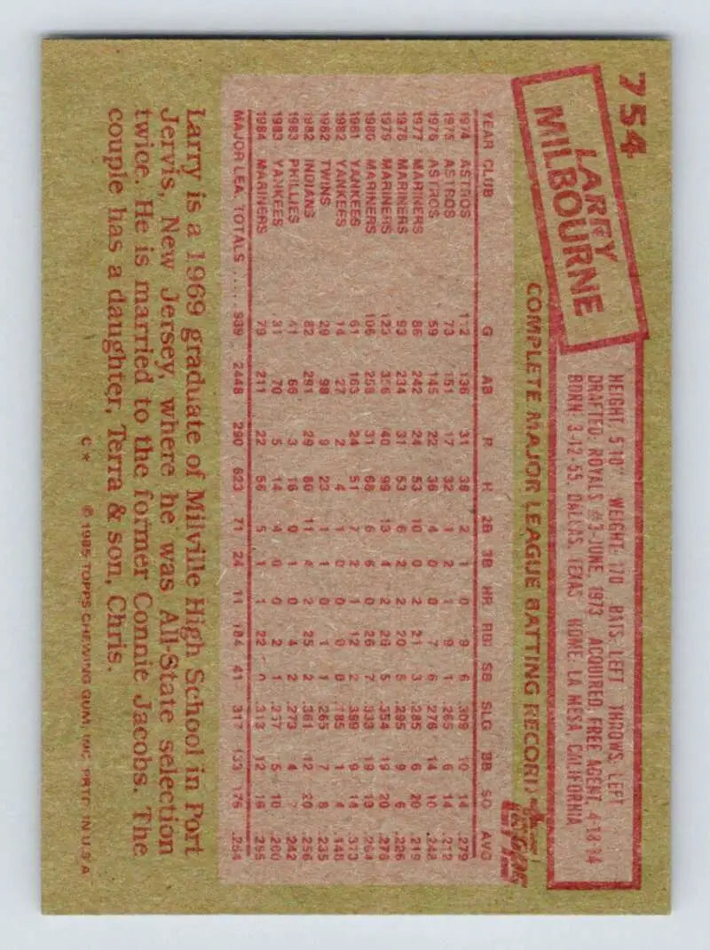 1985 Topps #754 Larry Milbourne EX Excellent Seattle Mariners Baseball Card - Baseball Card Single