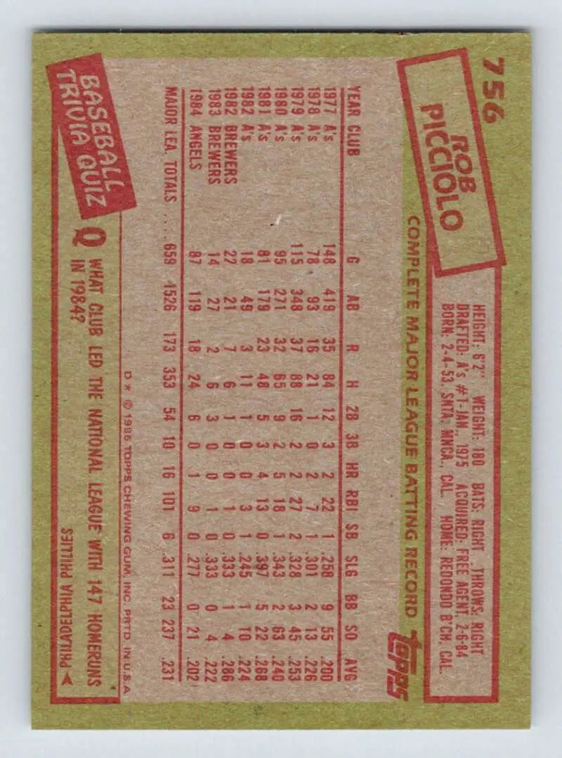 1985 Topps #756 Rob Picciolo EX Excellent California Angels Baseball Card - Baseball Card Single