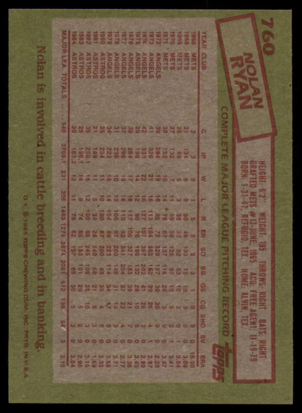 1985 Topps #760 Nolan Ryan EX Excellent Houston Astros Baseball Card - Baseball Card Single
