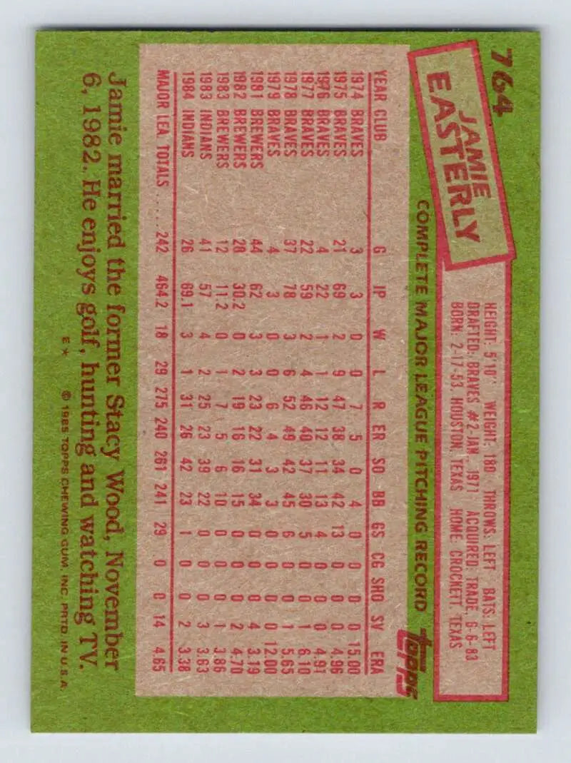 1985 Topps #764 Jamie Easterly EX Excellent Cleveland Indians Baseball Card - Baseball Card Single