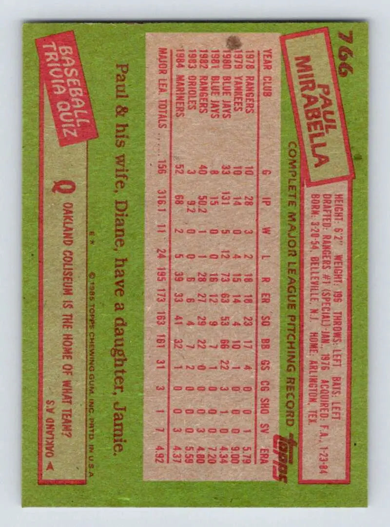 1985 Topps #766 Paul Mirabella EX Excellent Seattle Mariners Baseball Card - Baseball Card Single
