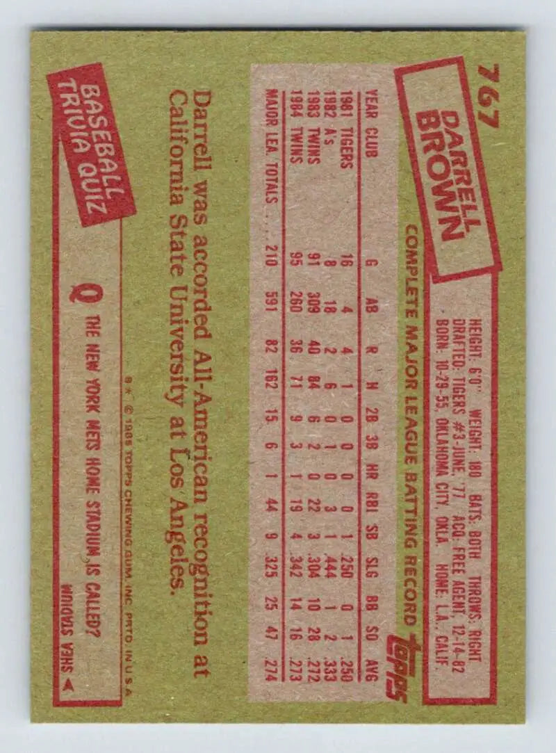 1985 Topps #767 Darrell Brown EX Excellent Minnesota Twins Baseball Card - Baseball Card Single