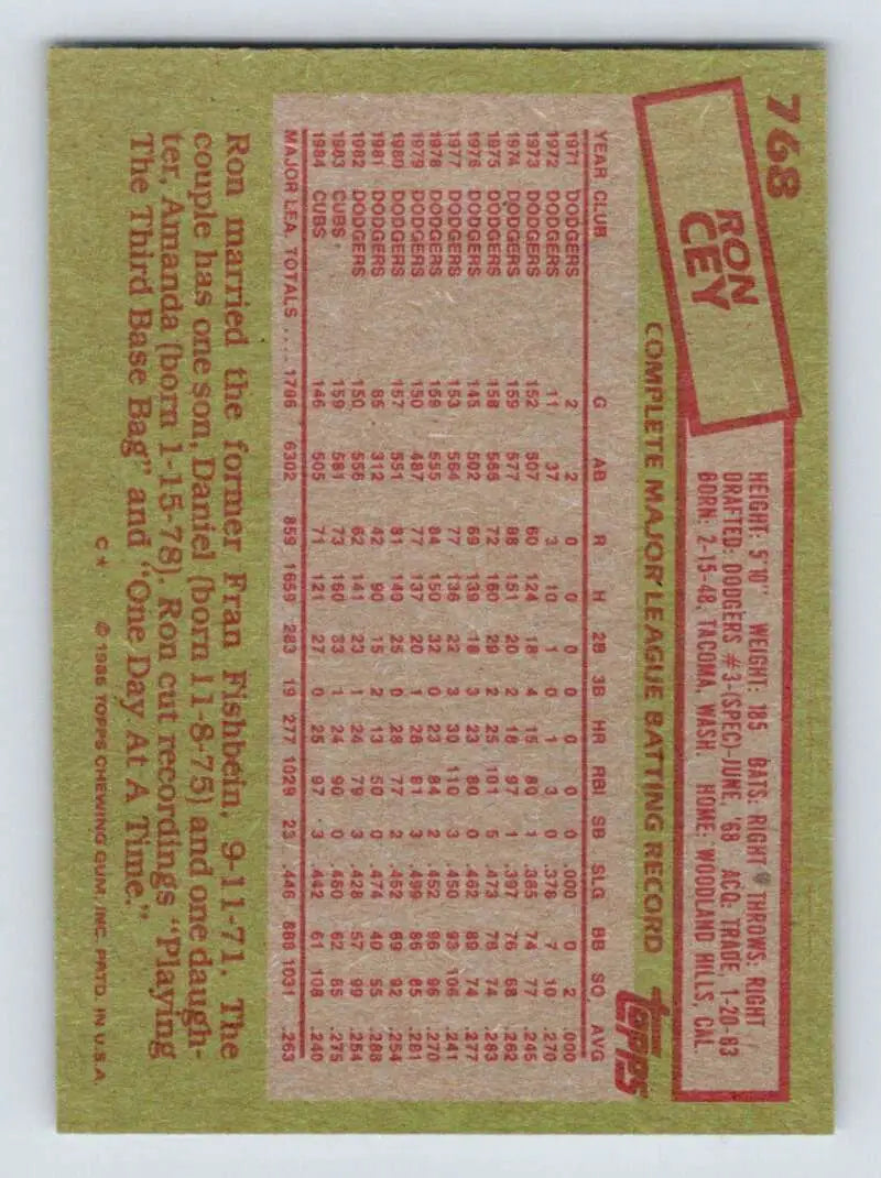 1985 Topps #768 Ron Cey EX Excellent Chicago Cubs Baseball Card - Baseball Card Single