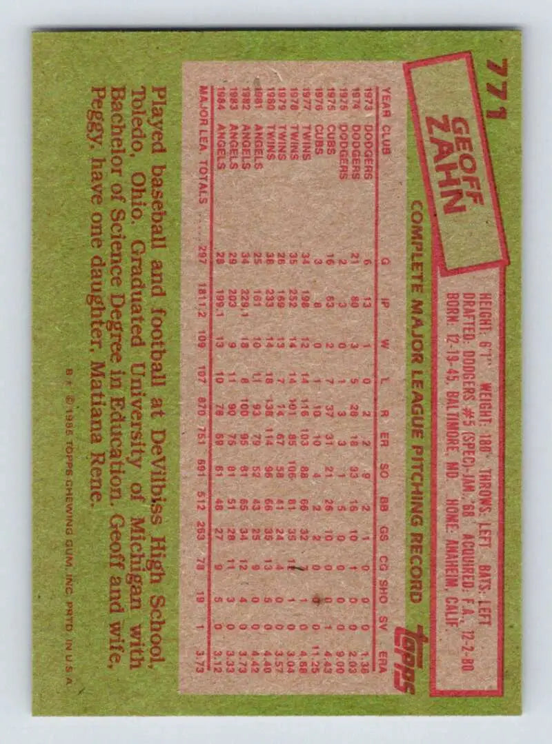 1985 Topps #771 Geoff Zahn EX Excellent California Angels Baseball Card - Baseball Card Single