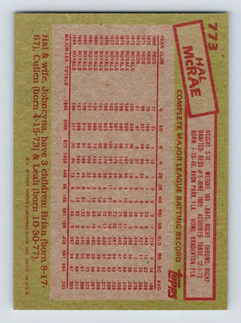 1985 Topps #773 Hal McRae EX Excellent Kansas City Royals Baseball Card - Baseball Card Single