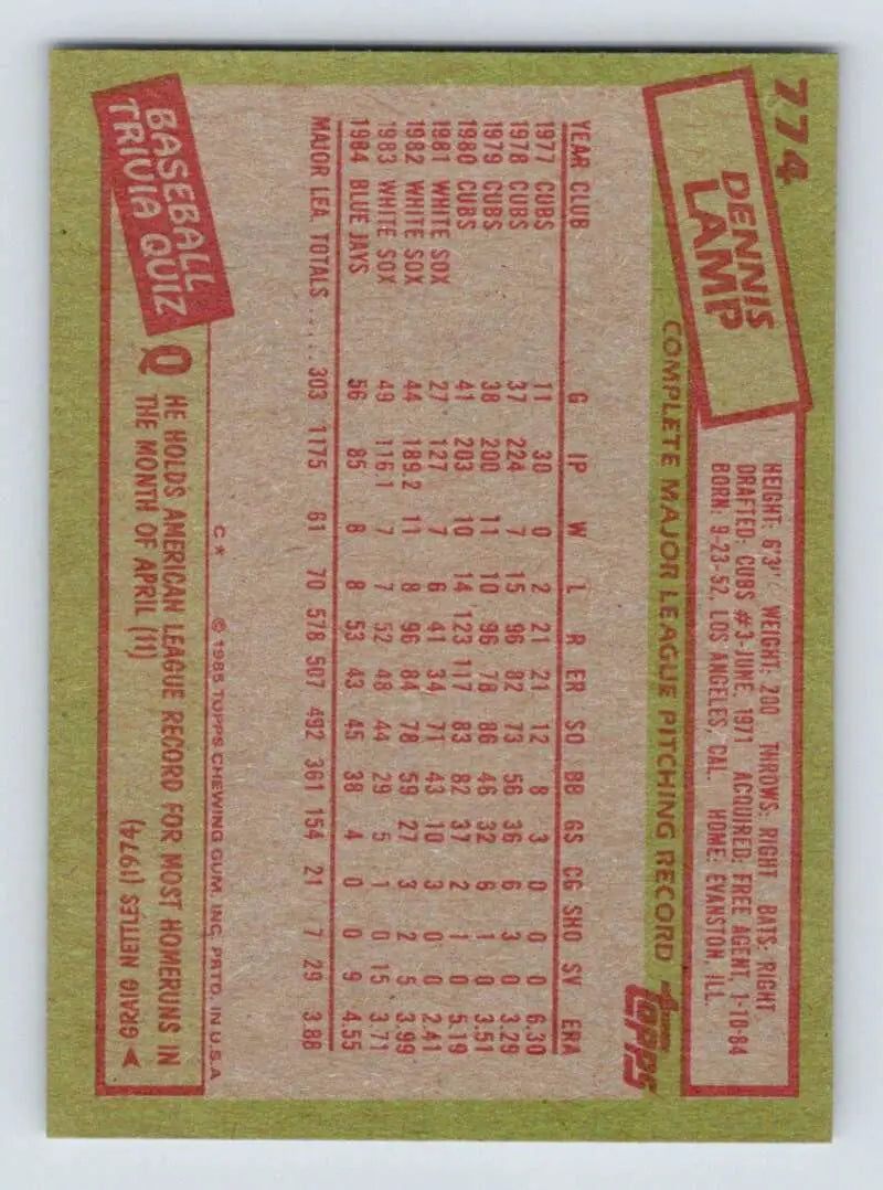 1985 Topps #774 Dennis Lamp EX Excellent Toronto Blue Jays Baseball Card - Baseball Card Single