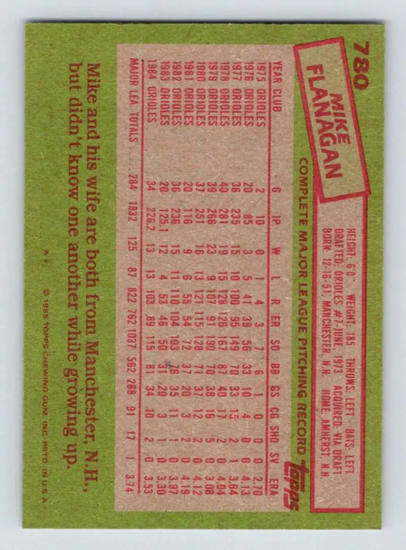 1985 Topps #780 Mike Flanagan EX Excellent Baltimore Orioles Baseball Card - Baseball Card Single