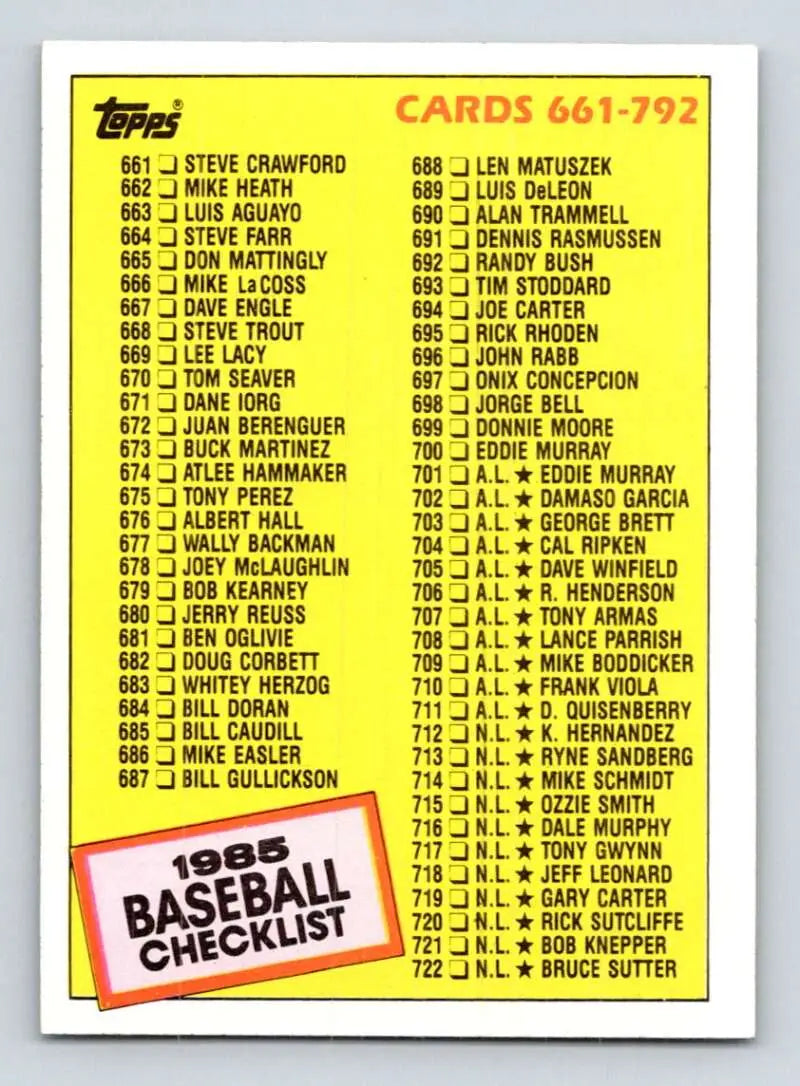 1985 Topps #784 Checklist: 661-792 EX Excellent Baseball Card - Baseball Card Single