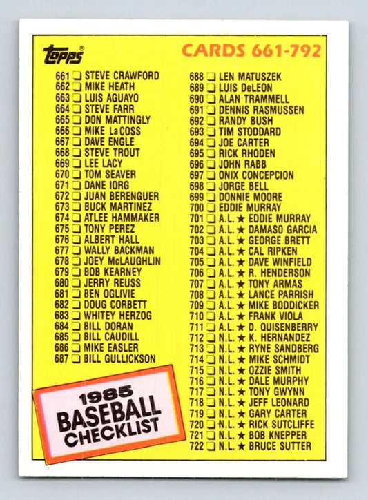 1985 Topps #784 Checklist: 661-792 EX Excellent Baseball Card - Baseball Card Single