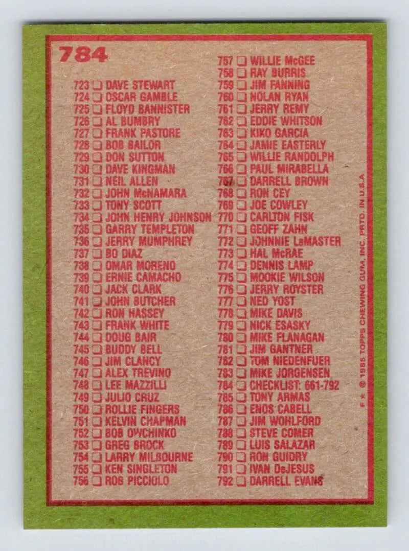 1985 Topps #784 Checklist: 661-792 EX Excellent Baseball Card - Baseball Card Single