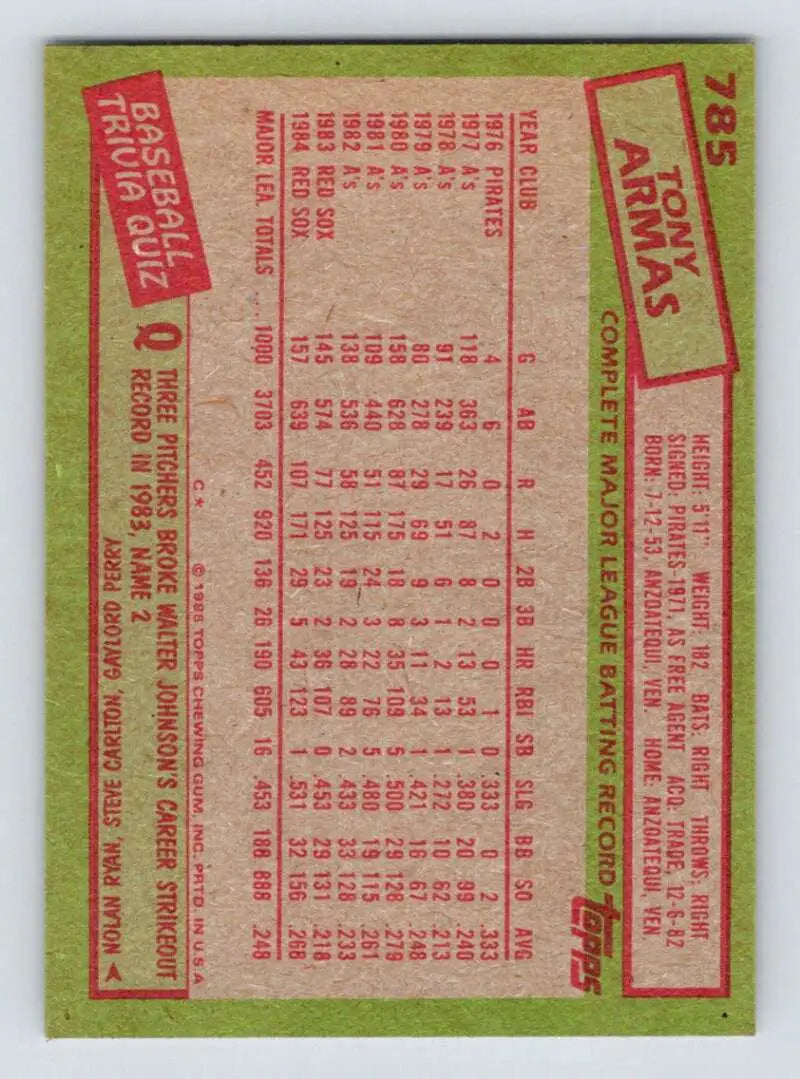 1985 Topps #785 Tony Armas EX Excellent Boston Red Sox Baseball Card - Baseball Card Single
