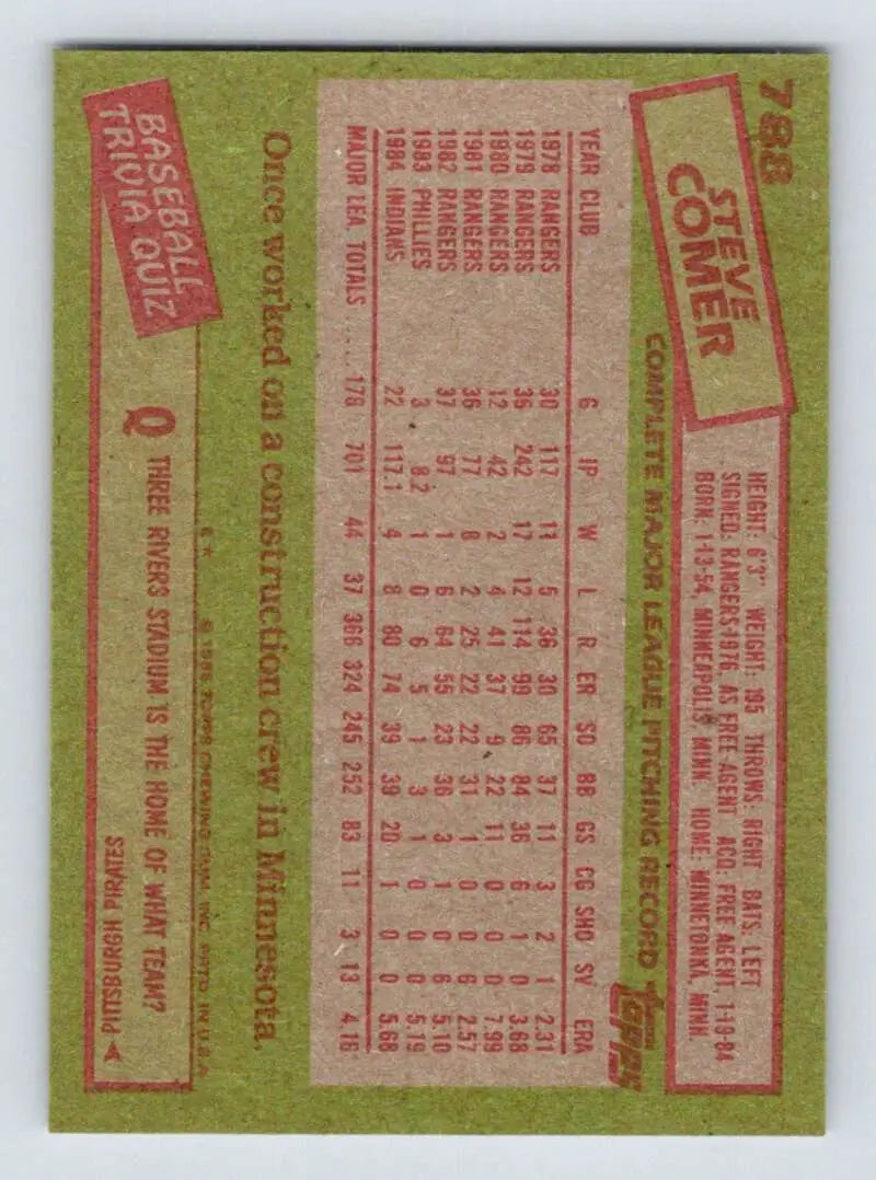 1985 Topps #788 Steve Comer EX Excellent Cleveland Indians Baseball Card - Baseball Card Single