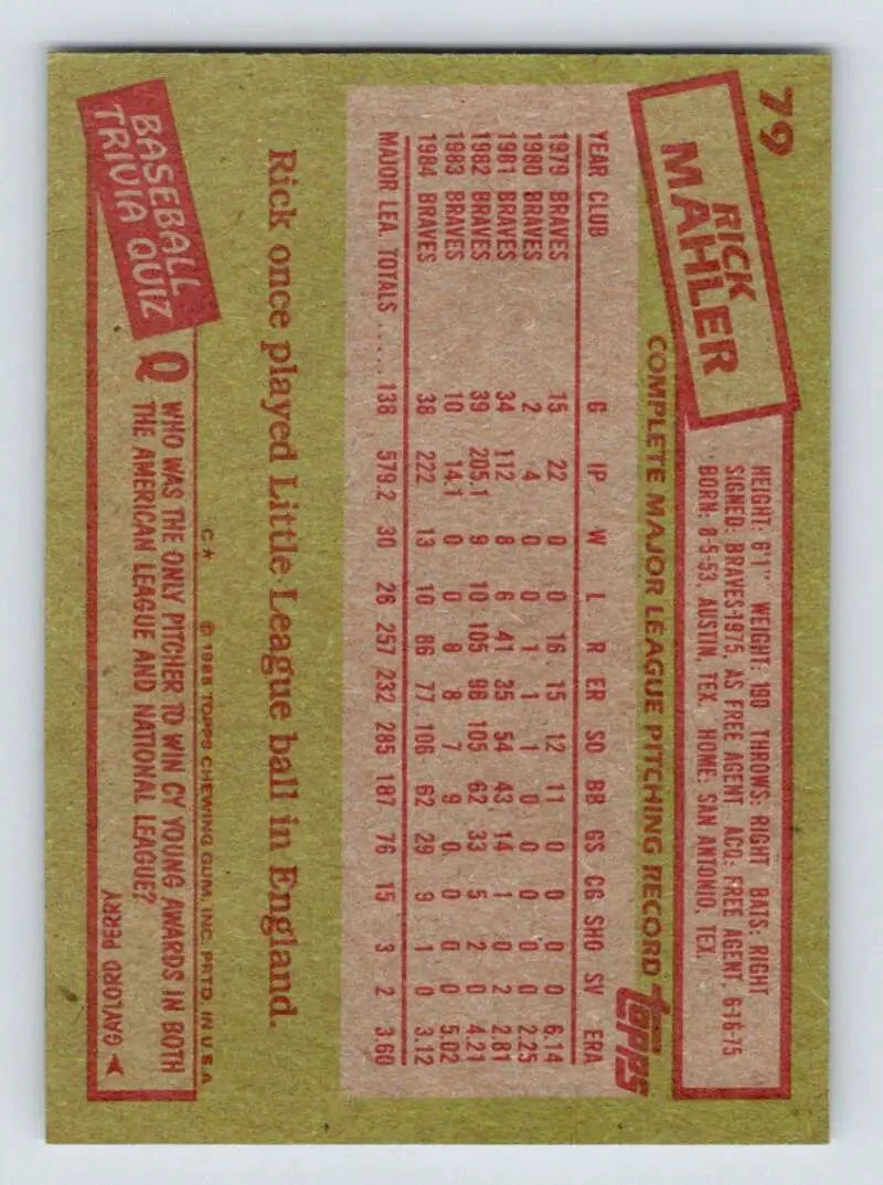 1985 Topps #79 Rick Mahler EX Excellent Atlanta Braves Baseball Card - Baseball Card Single