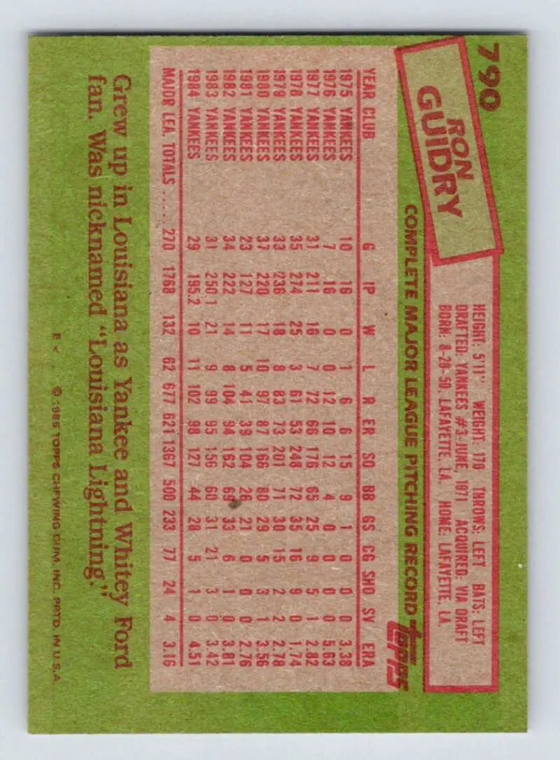 1985 Topps #790 Ron Guidry EX Excellent New York Yankees Baseball Card - Baseball Card Single