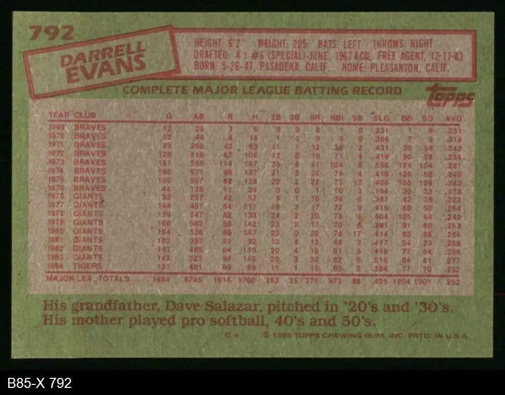 1985 Topps #792 Darrell Evans EX Excellent Detroit Tigers Baseball Card - Baseball Card Single