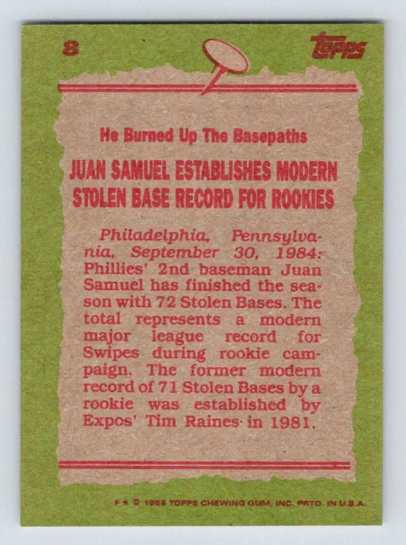 1985 Topps #8 Juan Samuel EX Excellent Philadelphia Phillies Baseball Card - Baseball Card Single