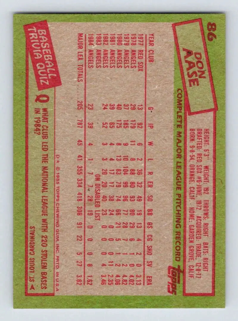1985 Topps #86 Don Aase EX Excellent California Angels Baseball Card - Baseball Card Single