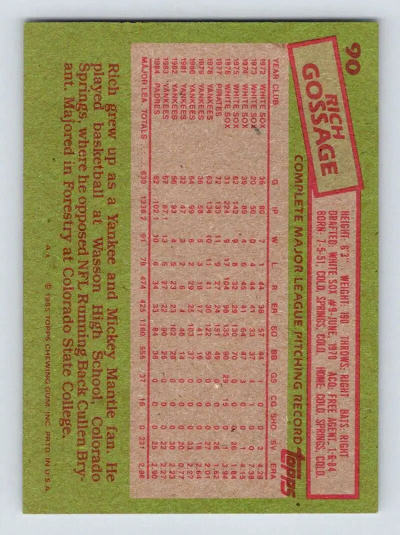 1985 Topps #90 Rich Gossage EX Excellent San Diego Padres Baseball Card - Baseball Card Single