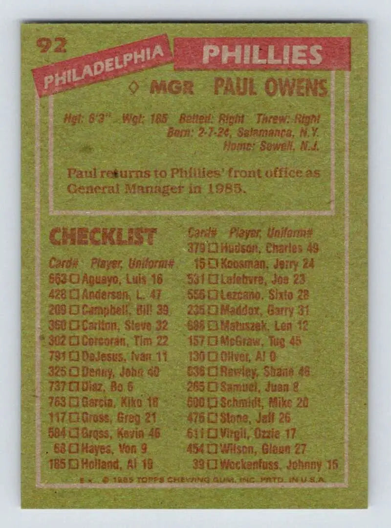 1985 Topps #92 Paul Owens EX Excellent Philadelphia Phillies Baseball Card - Baseball Card Single