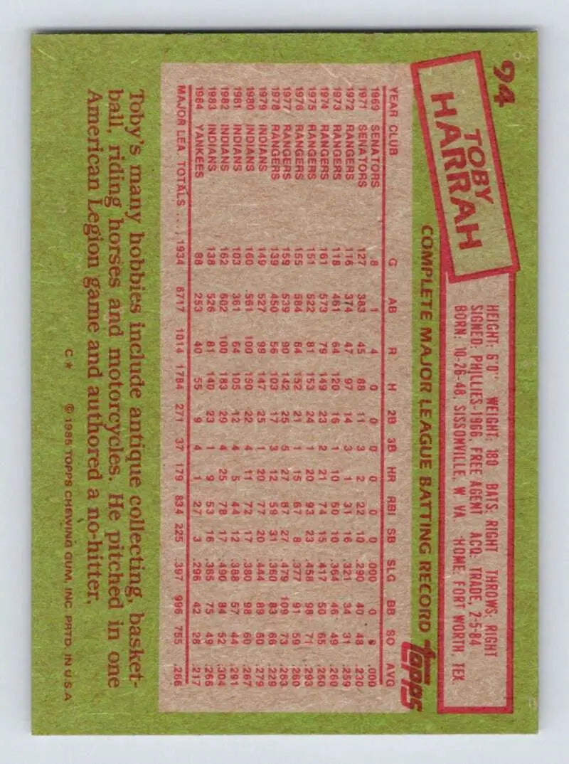 1985 Topps #94 Toby Harrah EX Excellent New York Yankees Baseball Card - Baseball Card Single