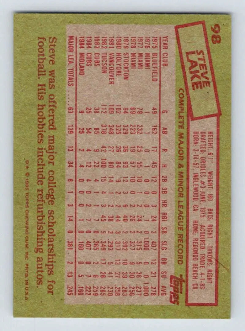 1985 Topps #98 Steve Lake EX Excellent Chicago Cubs Baseball Card - Baseball Card Single