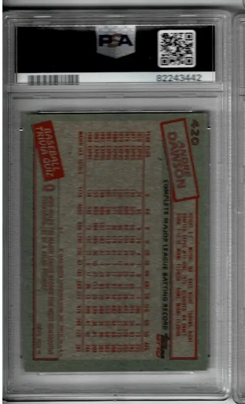 Graded baseball card back featuring Andre Dawson from 1985 Topps Andre Dawson series