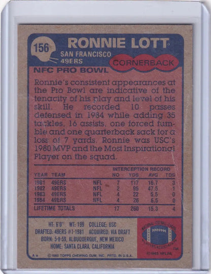 1985 Topps Football card featuring Ronnie Lott of the San Francisco 49ers