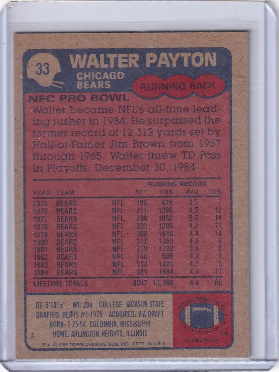 1985 Topps Football #33 Walter Payton card featuring Chicago Bears legend