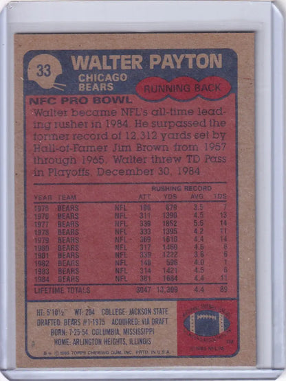 1985 Topps Football #33 Walter Payton card featuring Chicago Bears legend