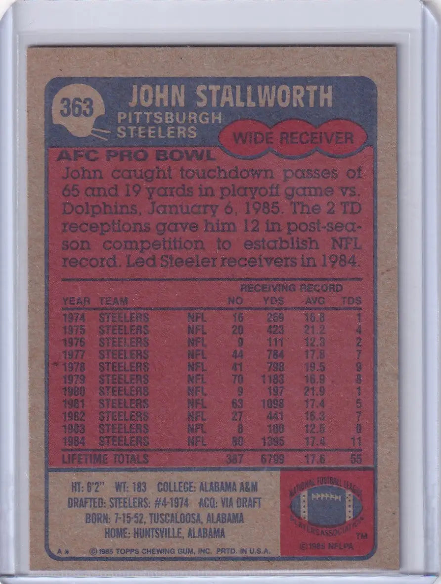 1985 Topps Football #363 John Stallworth card featuring Pittsburgh Steelers legend