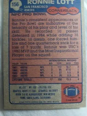 1985 Topps - Ronnie Lott #156. San Francisco 49ers. NRMT+ - Football Card Single