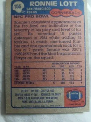 1985 Topps - Ronnie Lott #156. San Francisco 49ers. NRMT+ - Football Card Single