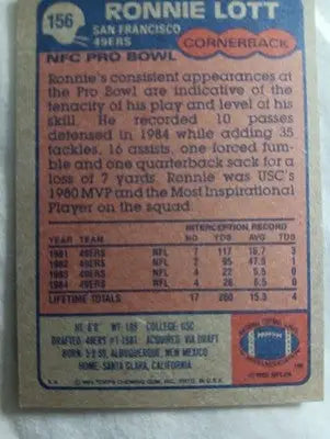 1985 Topps - Ronnie Lott #156. San Francisco 49ers. NRMT+ - Football Card Single